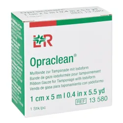 Opraclean Lohmann & Rauscher Gaasverband voor tamponade met iodoform, gerold in een doorzichtige dispenser, in een speciale zak | 1 cm x 5 m Opraclean Lohmann & Rauscher Gaasverband voor tamponade met iodoform, gerold in een doorzichtige dispenser, in een speciale zak | 1 cm x 5 m