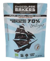 Chocolatemakers Zeiltjes puur 70% met cacaonibs & zeezout bio